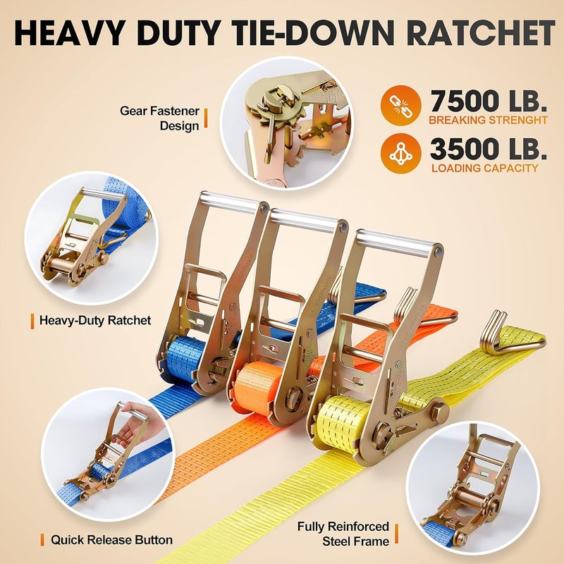 EVANCENT 2Pack Ratchet Straps Heavy Duty-2 Inch x 20 Feet(7,500lb Break Strength), Tie-Down Ratcheting with J-Hook Cargo Straps Tiedown Ratchet for Moving and Transports with Trailers, Pickup, Flatbed Trucks - Image 4